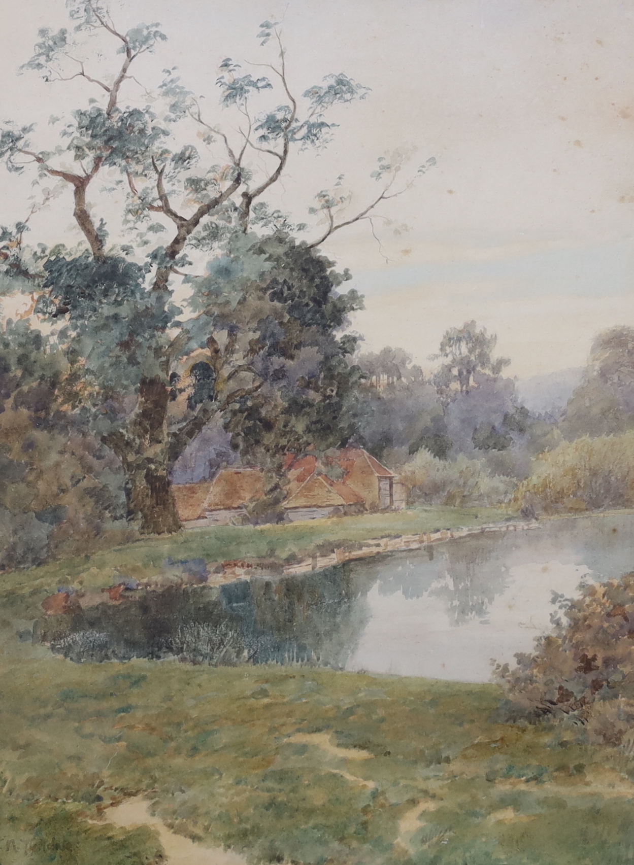 Thomas Nicholson Tyndale (1858-1936), watercolour, Farmhouse beside a lake, signed, 26 x 20cm